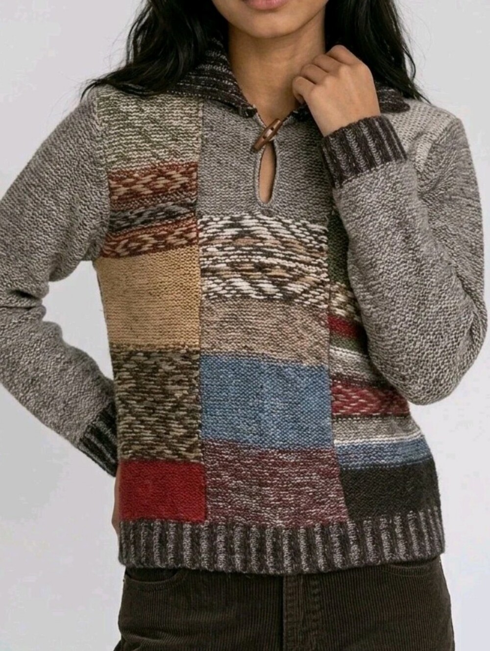 Zara Sweater Womens Medium Brown Patchwork Knit Lambswool Cotton Shawl Collar